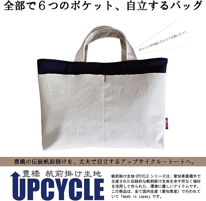 【日本製】豊橋帆前掛け生地 UPCYCLE ツートーントートバッグ 自立 ランチトート ミニトート 外ポケット付き